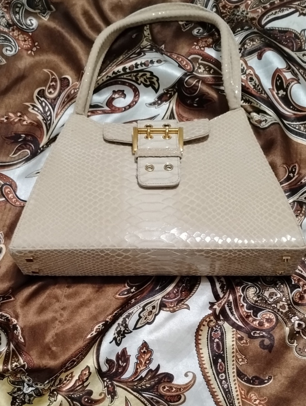 Stuart Weitzman Cream Textured Top-Handle Satchel with Gold Buckle